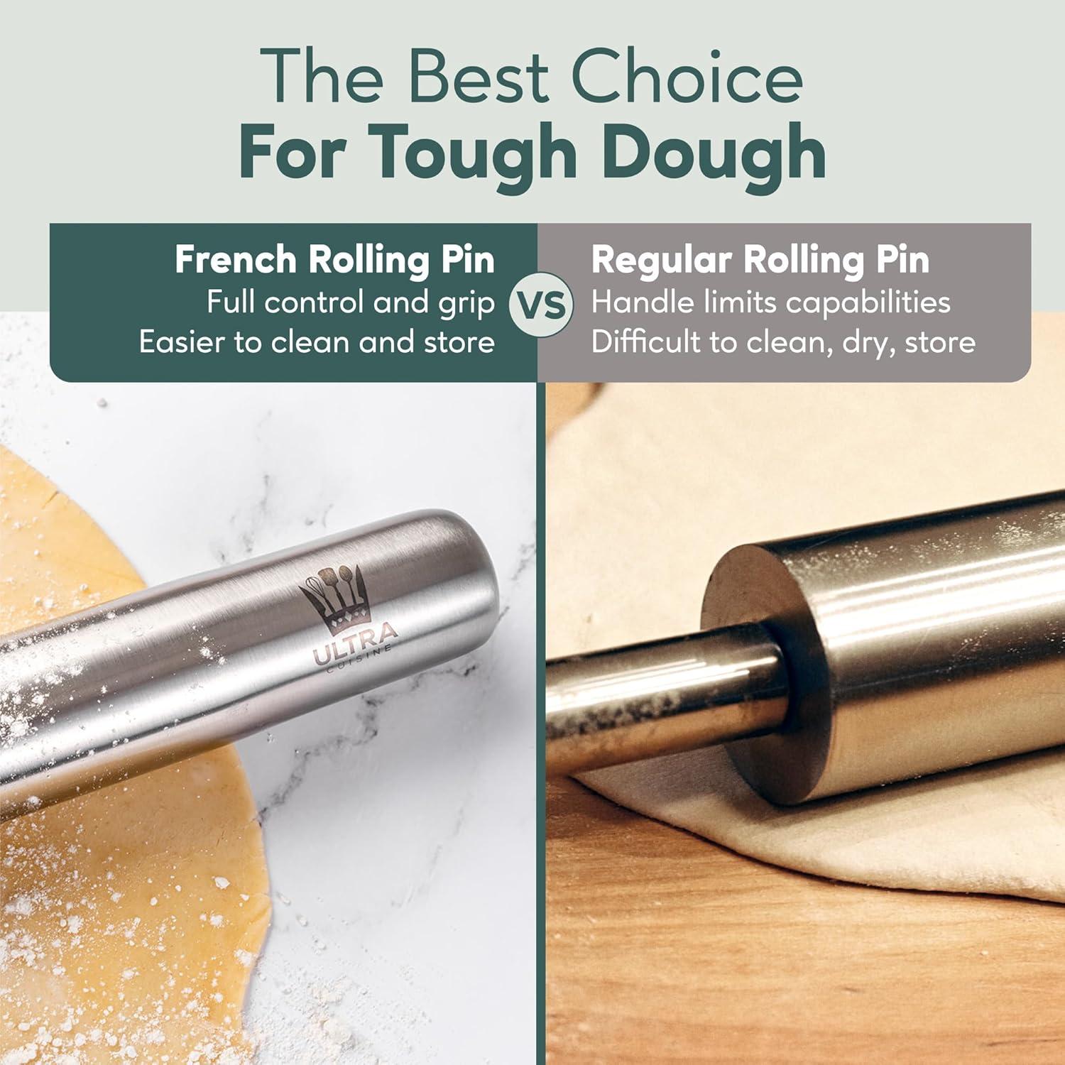 imageUltra Cuisine French Rolling Pin for Baking Use with Pizza Cookie and Pastry Dough Fondant and Pie Crust Tapered Design Bread Roller Pin Stainless Steel 1575inch Large Roller PinStainless Steel Classic