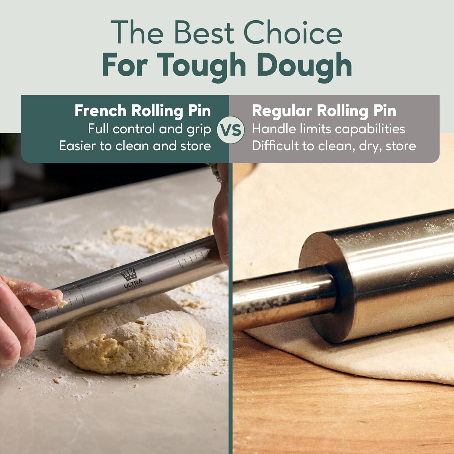 imageUltra Cuisine French Rolling Pin for Baking Use with Pizza Cookie and Pastry Dough Fondant and Pie Crust Tapered Design Bread Roller Pin Stainless Steel 1575inch Large Roller PinStainless Steel with Measurements