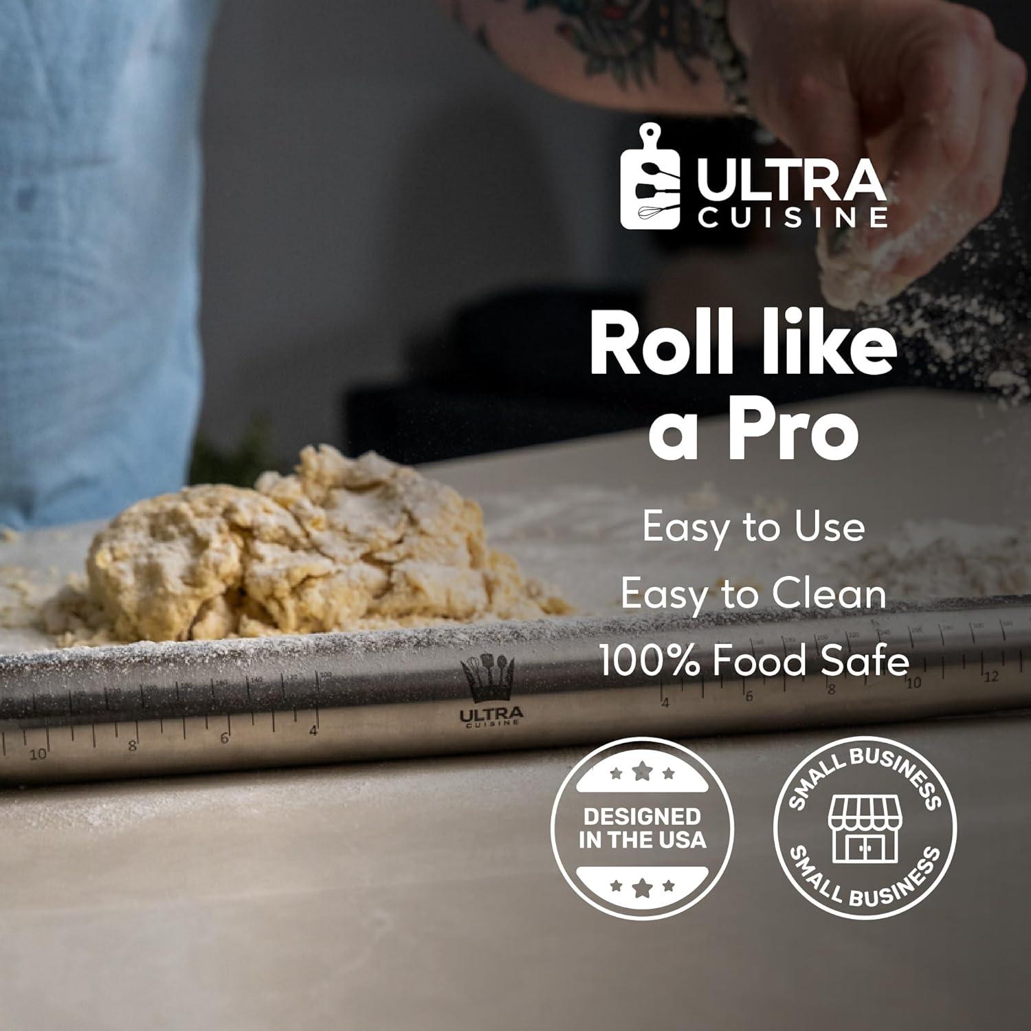 imageUltra Cuisine French Rolling Pin for Baking Use with Pizza Cookie and Pastry Dough Fondant and Pie Crust Tapered Design Bread Roller Pin Stainless Steel 1575inch Large Roller PinStainless Steel with Measurements