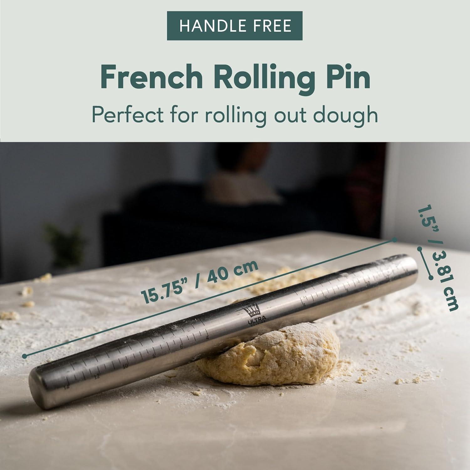 imageUltra Cuisine French Rolling Pin for Baking Use with Pizza Cookie and Pastry Dough Fondant and Pie Crust Tapered Design Bread Roller Pin Stainless Steel 1575inch Large Roller PinStainless Steel with Measurements