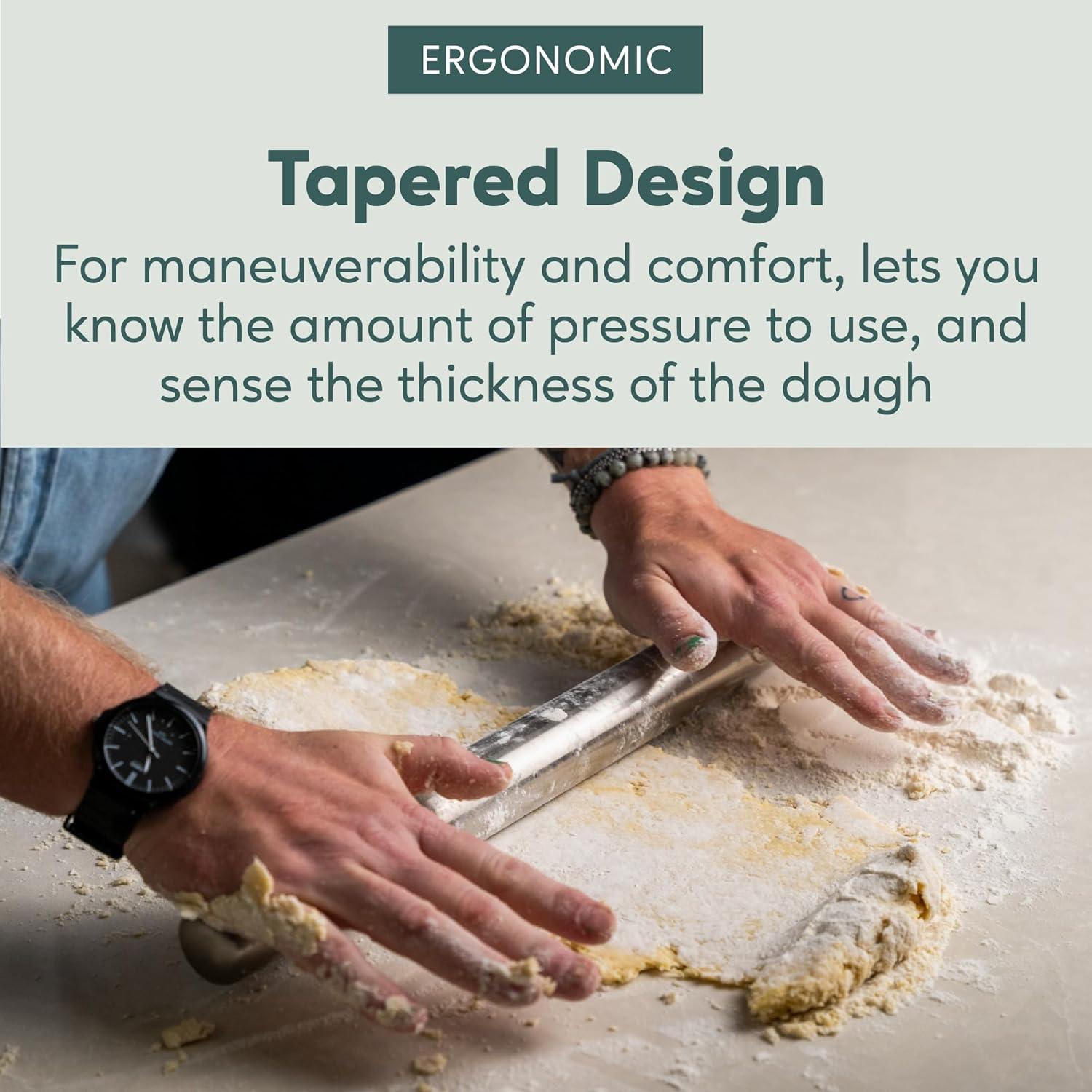 imageUltra Cuisine French Rolling Pin for Baking Use with Pizza Cookie and Pastry Dough Fondant and Pie Crust Tapered Design Bread Roller Pin Stainless Steel 1575inch Large Roller PinStainless Steel with Measurements