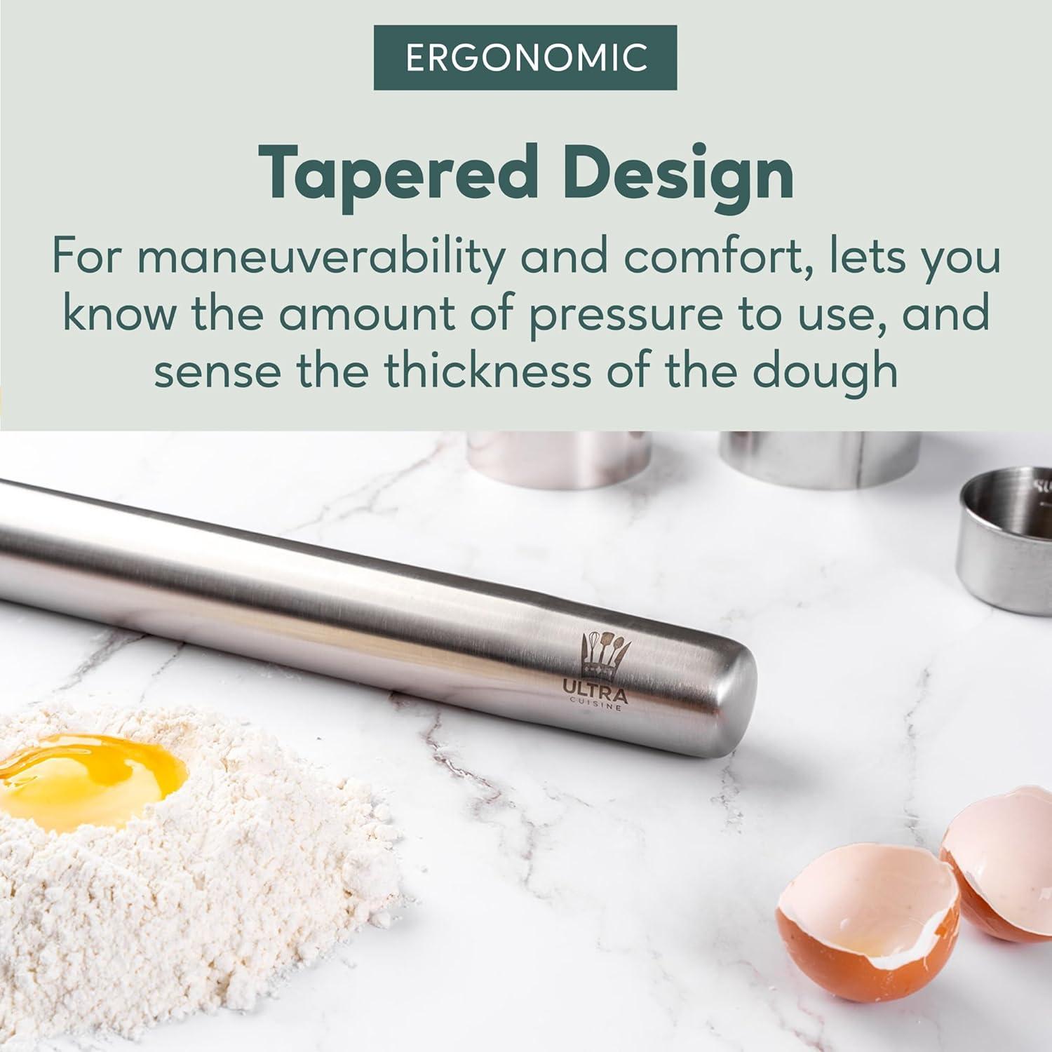 imageUltra Cuisine French Rolling Pin for Baking Use with Pizza Cookie and Pastry Dough Fondant and Pie Crust Tapered Design Bread Roller Pin Stainless Steel 1575inch Large Roller PinStainless Steel Classic
