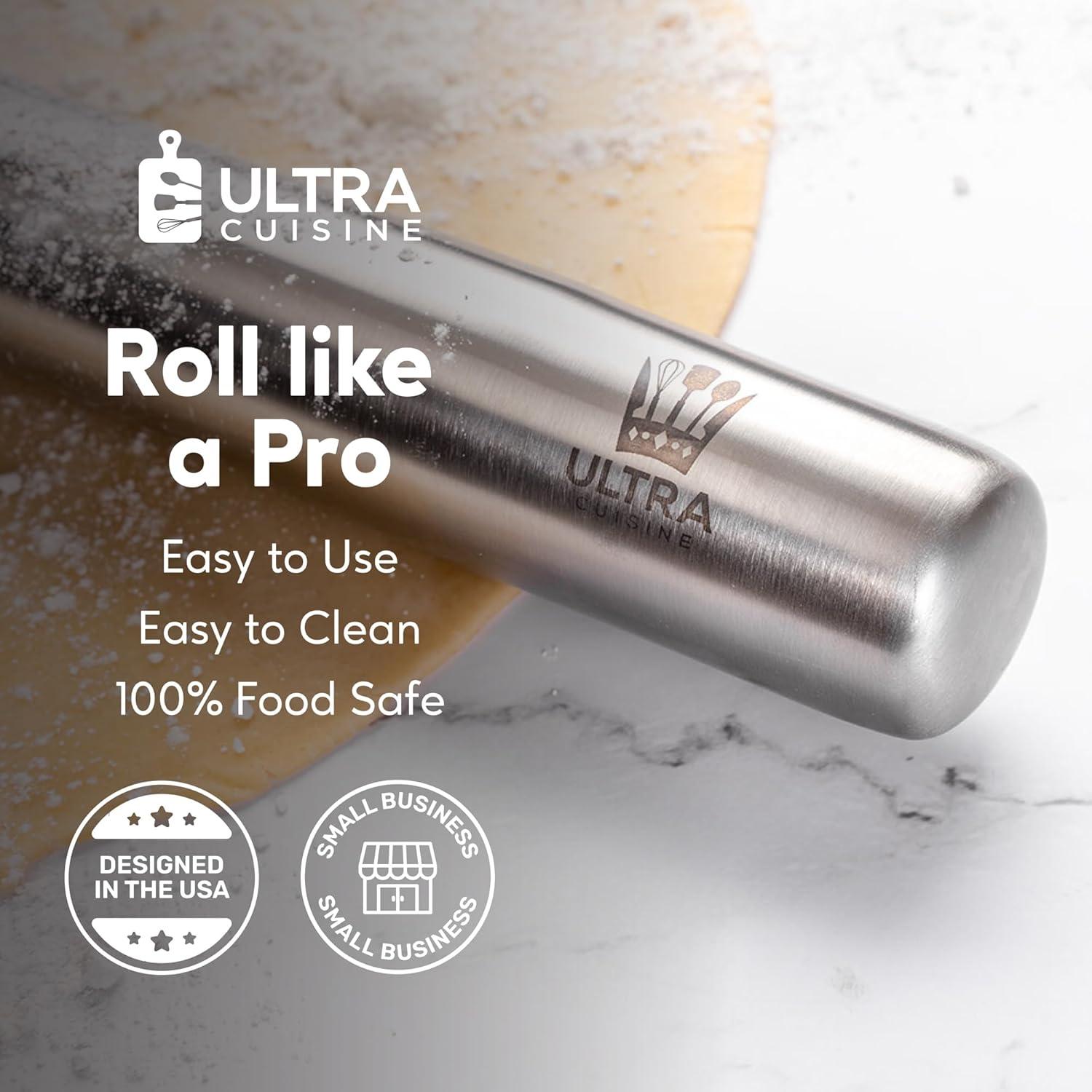 imageUltra Cuisine French Rolling Pin for Baking Use with Pizza Cookie and Pastry Dough Fondant and Pie Crust Tapered Design Bread Roller Pin Stainless Steel 1575inch Large Roller PinStainless Steel Classic