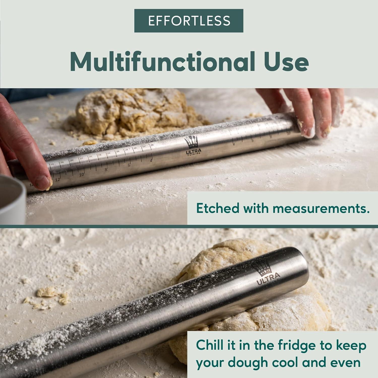 imageUltra Cuisine French Rolling Pin for Baking Use with Pizza Cookie and Pastry Dough Fondant and Pie Crust Tapered Design Bread Roller Pin Stainless Steel 1575inch Large Roller PinStainless Steel with Measurements