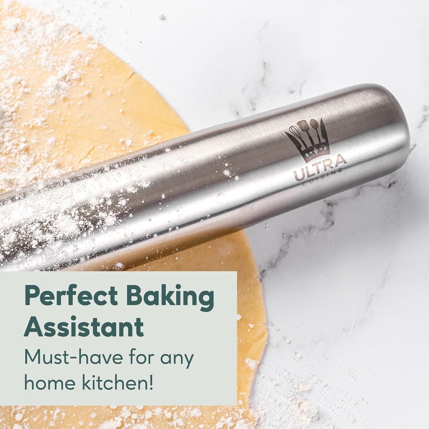 imageUltra Cuisine French Rolling Pin for Baking Use with Pizza Cookie and Pastry Dough Fondant and Pie Crust Tapered Design Bread Roller Pin Stainless Steel 1575inch Large Roller PinStainless Steel Classic