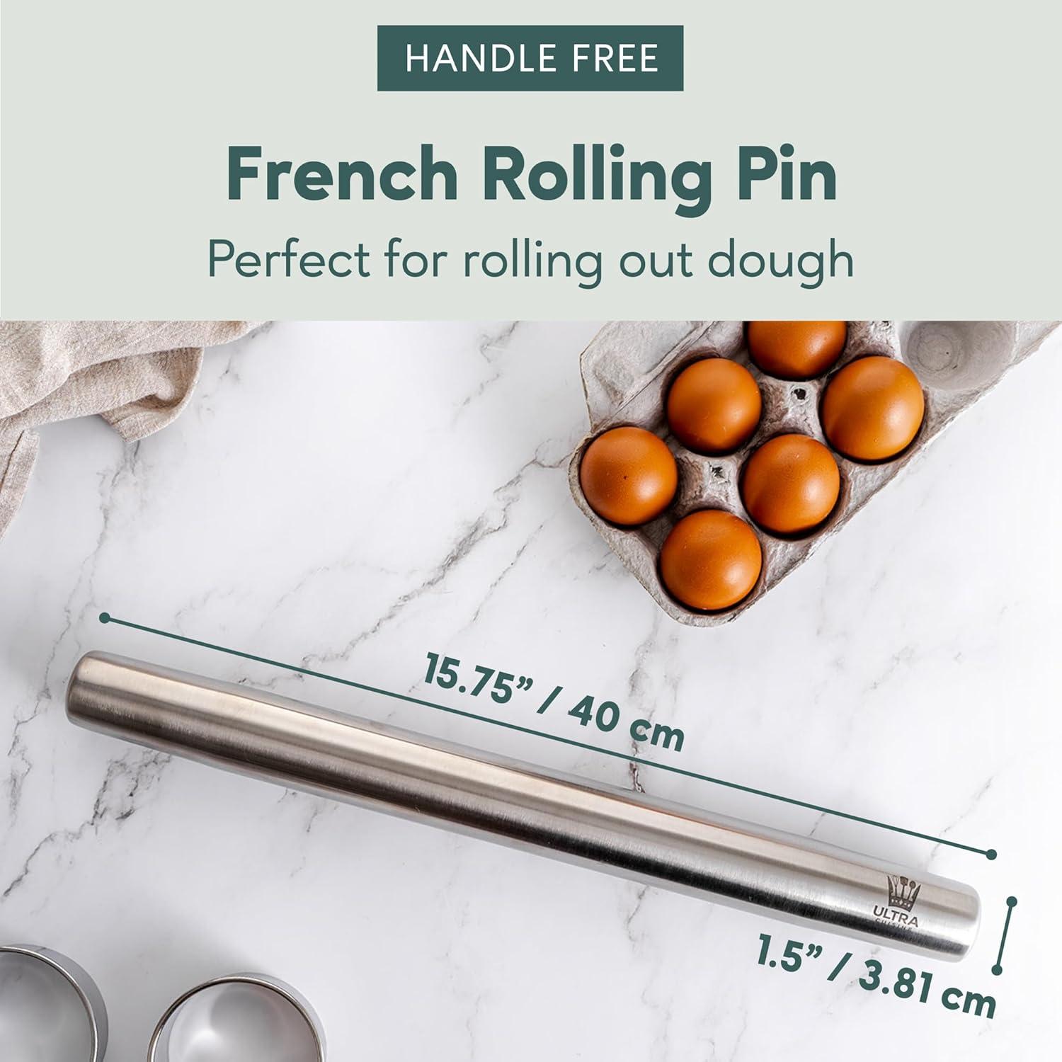 imageUltra Cuisine French Rolling Pin for Baking Use with Pizza Cookie and Pastry Dough Fondant and Pie Crust Tapered Design Bread Roller Pin Stainless Steel 1575inch Large Roller PinStainless Steel Classic