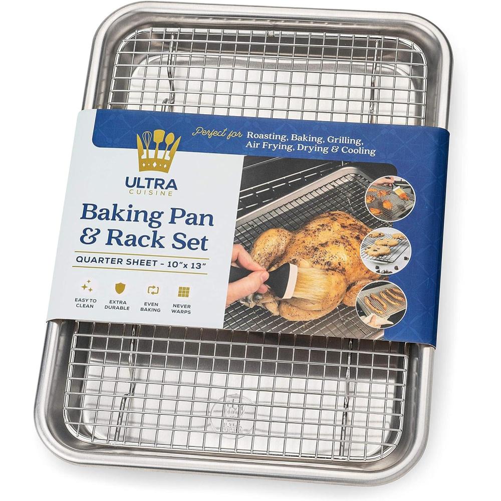 imageUltra Cuisine Aluminum Baking Sheet with Stainless Steel Cooling Rack Set Half Sheet Size Pan 13 x 18 inch Durable Rimmed Sides Easy Clean Commercial Quality for Cooking and RoastingQuarter Sheet Most Popular