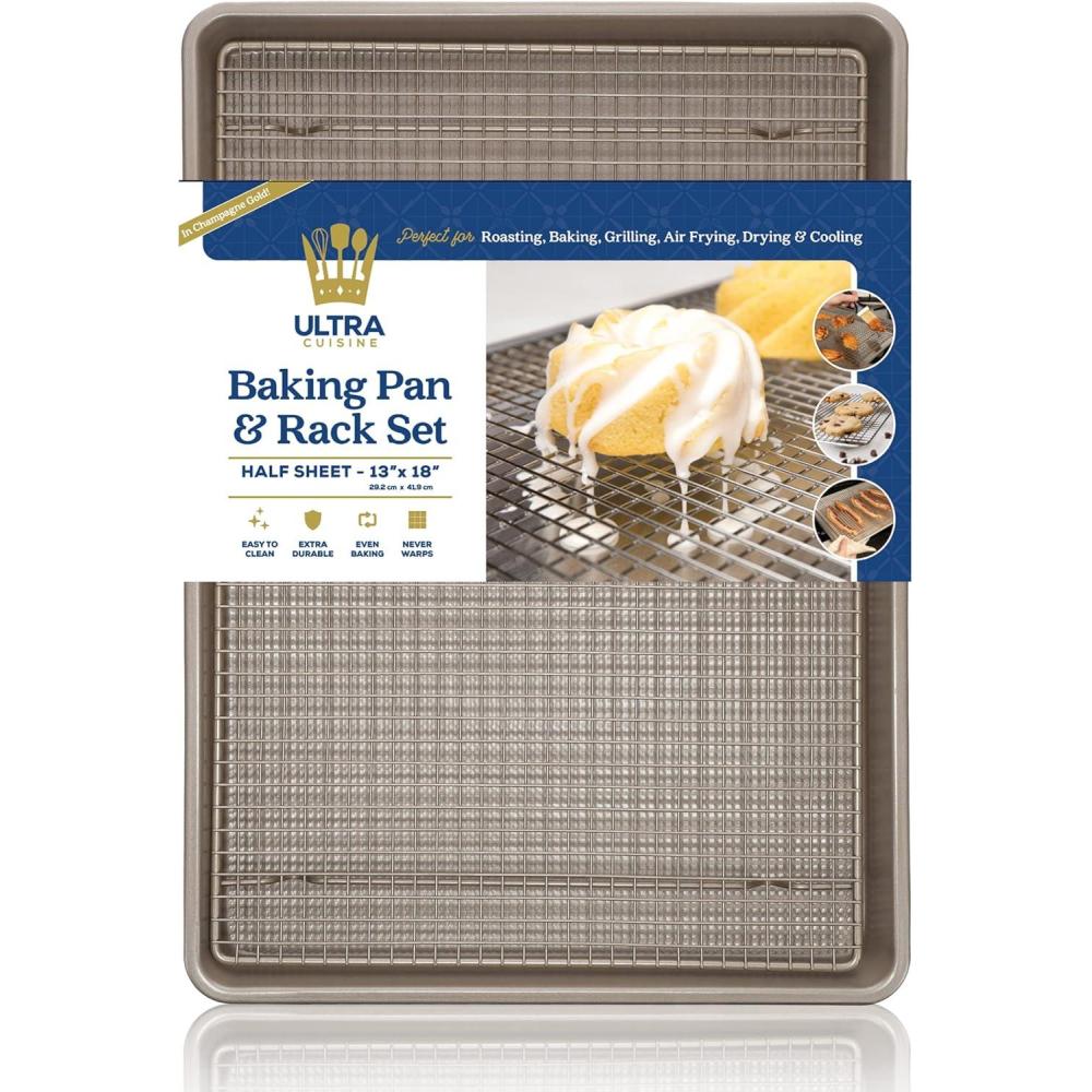 imageUltra Cuisine Aluminum Baking Sheet with Stainless Steel Cooling Rack Set Half Sheet Size Pan 13 x 18 inch Durable Rimmed Sides Easy Clean Commercial Quality for Cooking and RoastingHalf Sheet Standard