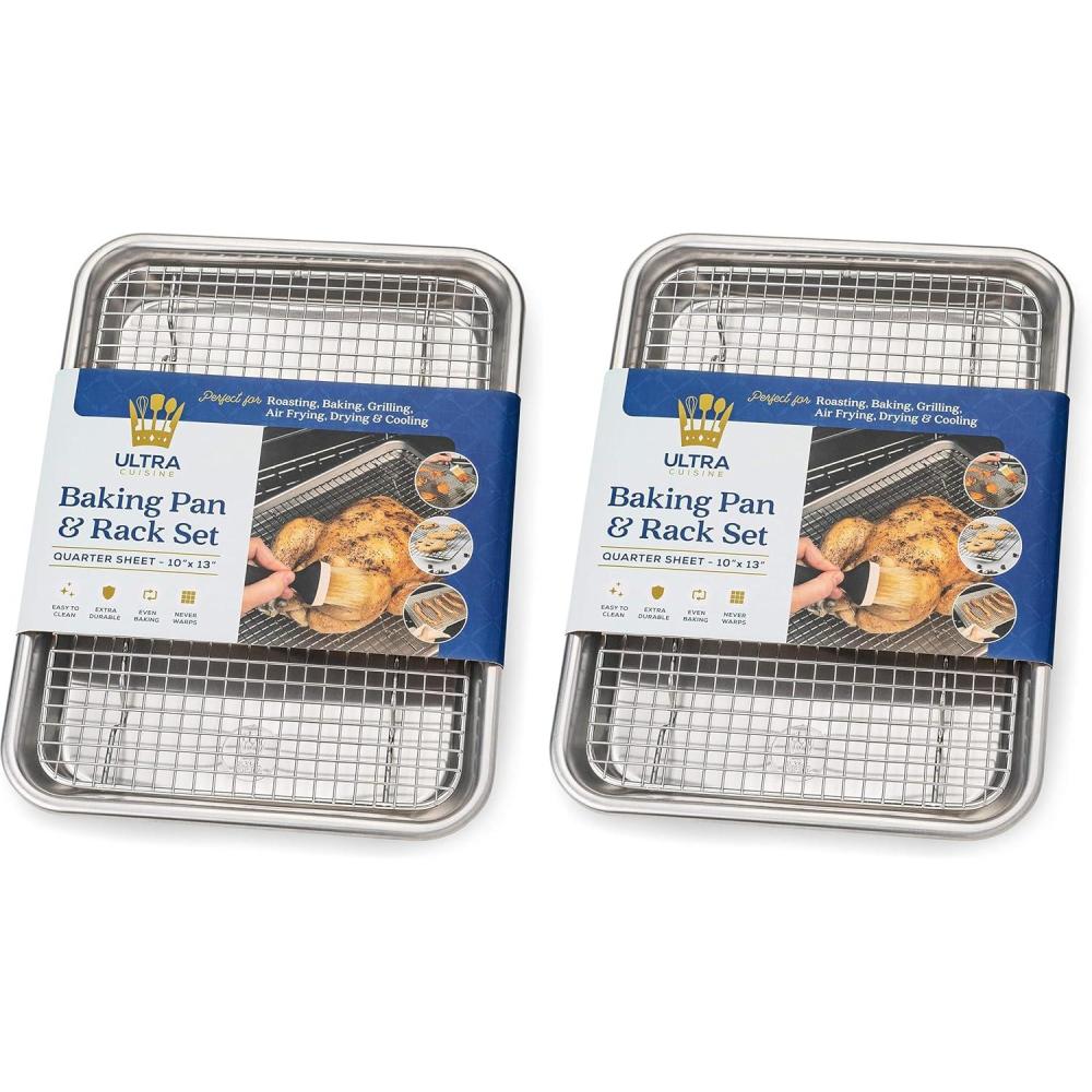 imageUltra Cuisine Aluminum Baking Sheet with Stainless Steel Cooling Rack Set Half Sheet Size Pan 13 x 18 inch Durable Rimmed Sides Easy Clean Commercial Quality for Cooking and RoastingQuarter Sheet Most Popular Pack of 2