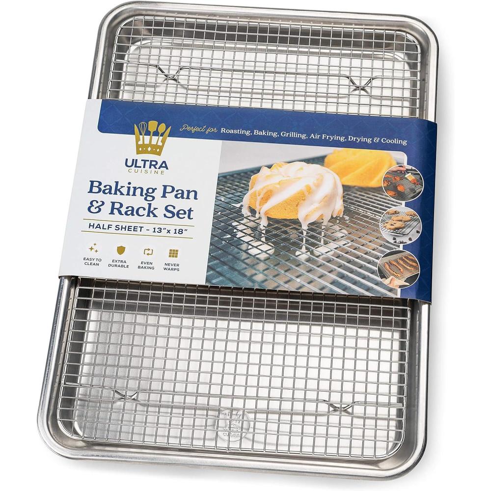 imageUltra Cuisine Aluminum Baking Sheet with Stainless Steel Cooling Rack Set Half Sheet Size Pan 13 x 18 inch Durable Rimmed Sides Easy Clean Commercial Quality for Cooking and RoastingHalf Sheet Value Pack