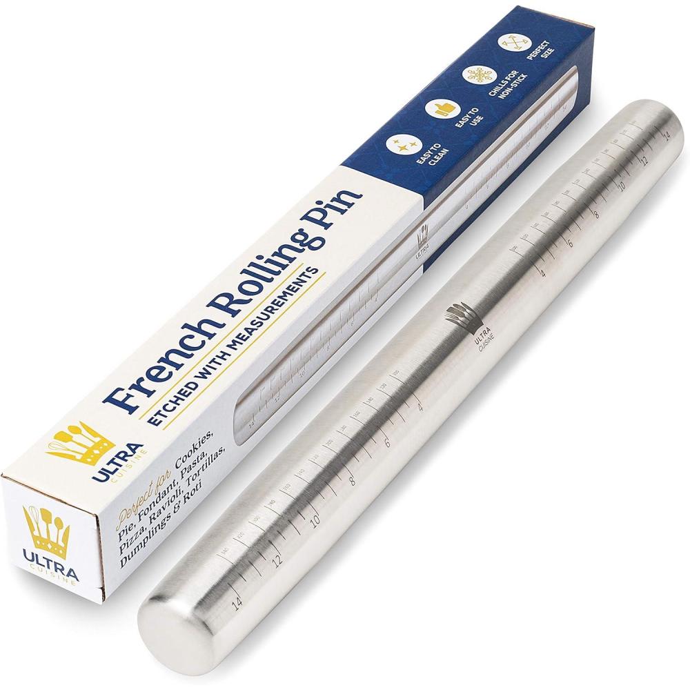 imageUltra Cuisine French Rolling Pin for Baking Use with Pizza Cookie and Pastry Dough Fondant and Pie Crust Tapered Design Bread Roller Pin Stainless Steel 1575inch Large Roller PinStainless Steel with Measurements