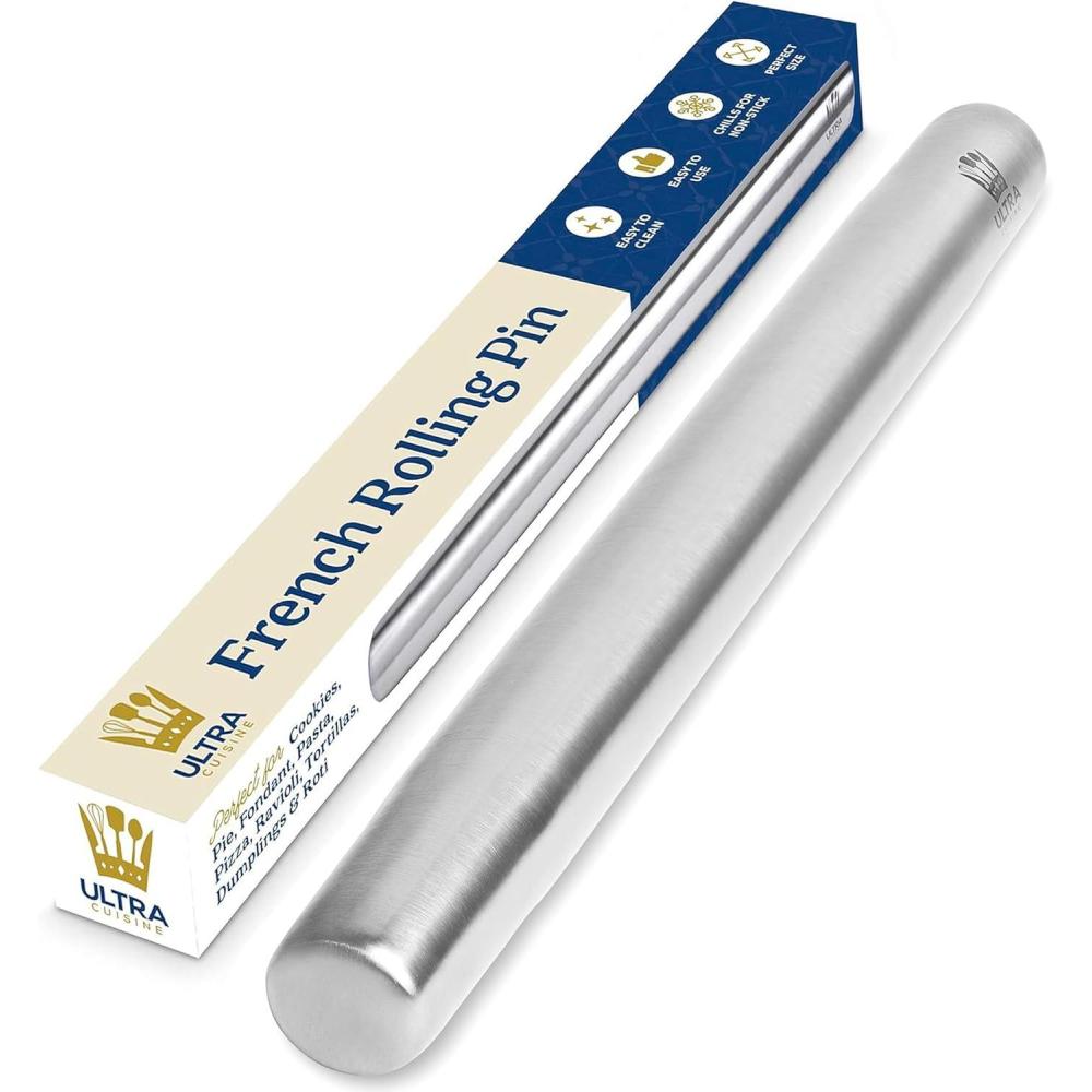 imageUltra Cuisine French Rolling Pin for Baking Use with Pizza Cookie and Pastry Dough Fondant and Pie Crust Tapered Design Bread Roller Pin Stainless Steel 1575inch Large Roller PinStainless Steel Classic