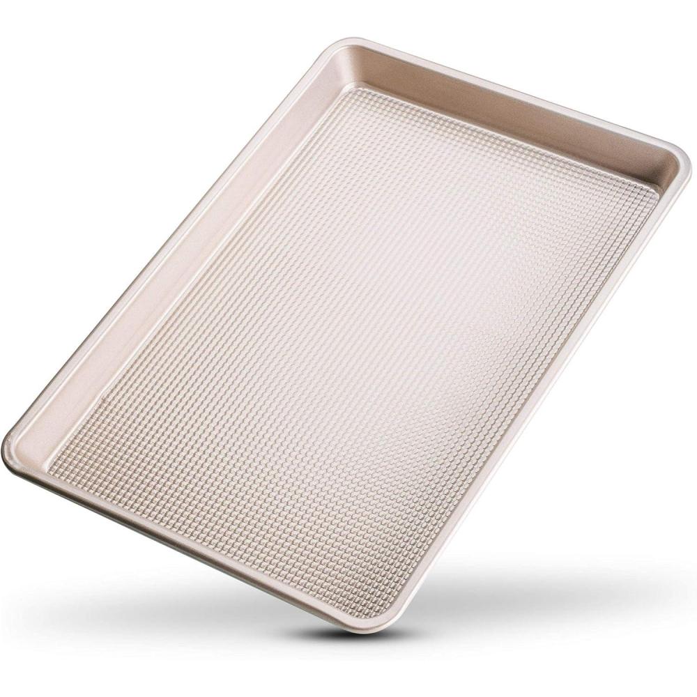 imageUltra Cuisine Nonstick Half Sheet Baking Pan Food Safe Coating Warp amp Scratch Resistant Texture for Airflow amp Carbon Steel Design Durable for Professional Quality Roasting Size 13 x 18 inchChampagne