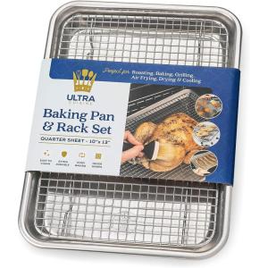 Ultra Cuisine Aluminum Baking Sheet with Stainless Steel Cooling Rack Set -Half Sheet Size Pan 13 x 18 inch, Durable Rimmed Sides, Easy Clean, Commercial Quality for Cooking and Roasting(Quarter Sheet (Most Popular))