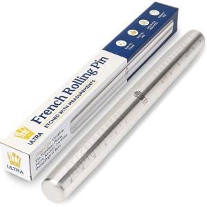 Ultra Cuisine French Rolling Pin for Baking – Use with Pizza, Cookie, and Pastry Dough, Fondant and Pie Crust – Tapered Design Bread Roller Pin, Stainless Steel 15.75-inch Large Roller Pin(Stainless Steel with Measurements)