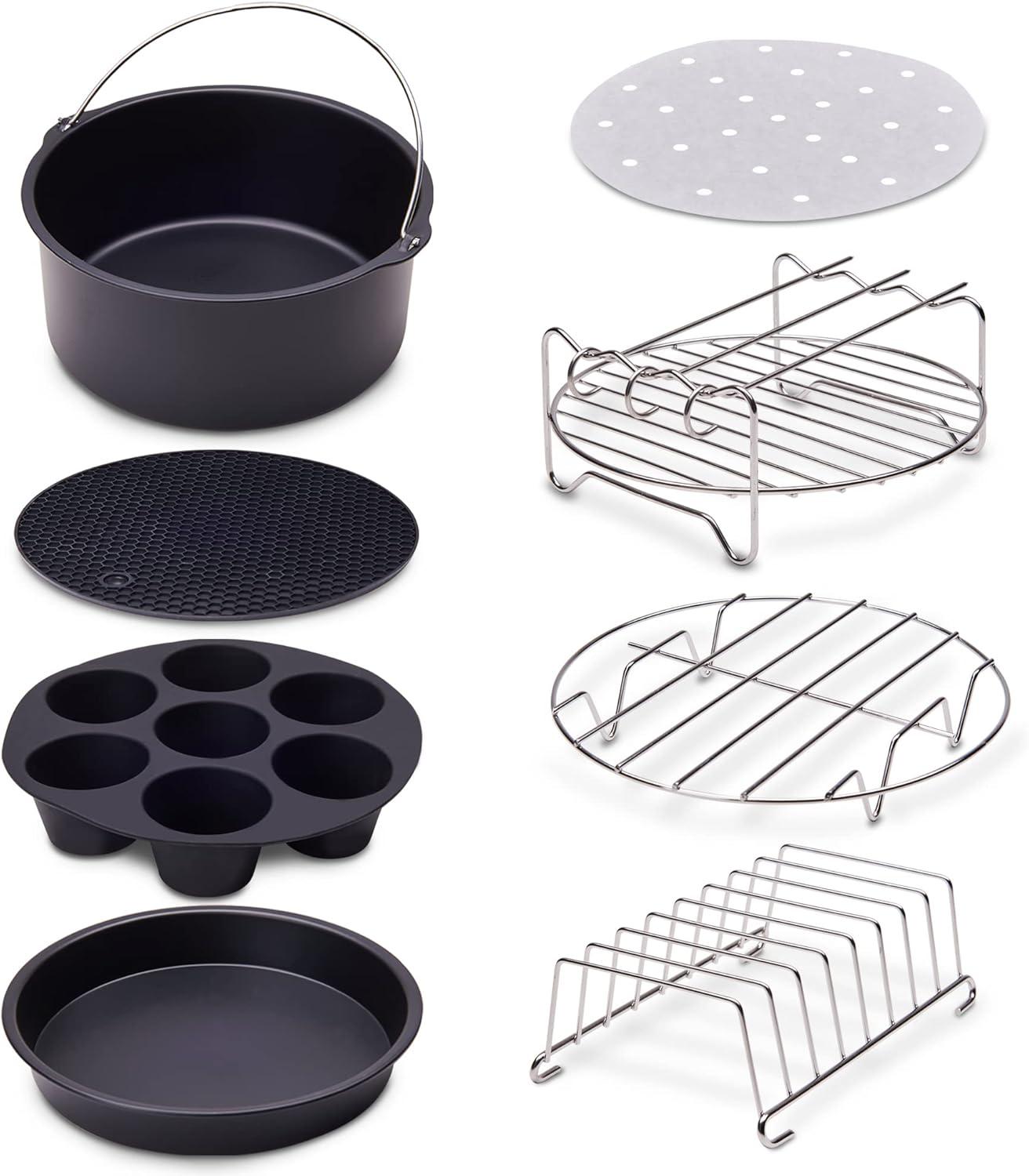 imageUltra Cuisine Air Fryer Accessories Set of 8 Fits 32QT 58QT Deep Fryer 8 Inch Cake Pan Pizza Pan Silicone Mat MultiPurpose Rack Metal Stand BPA Free Dishwasher Safe Easy to Clean
