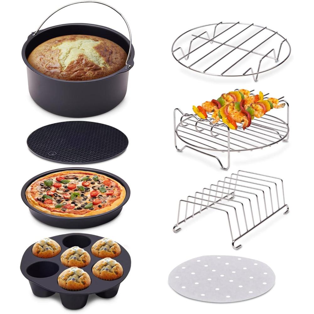 imageUltra Cuisine Air Fryer Accessories Set of 8 Fits 32QT 58QT Deep Fryer 8 Inch Cake Pan Pizza Pan Silicone Mat MultiPurpose Rack Metal Stand BPA Free Dishwasher Safe Easy to Clean