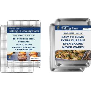 Ultra Cuisine Stainless Steel Cooling Rack & Aluminum Baking Pan Set – Professional Quality, Fits Half Sheet Pans – Cookie Sheet for Baking – 11.5″x16.5″ Rack, 18″x13″ Pan