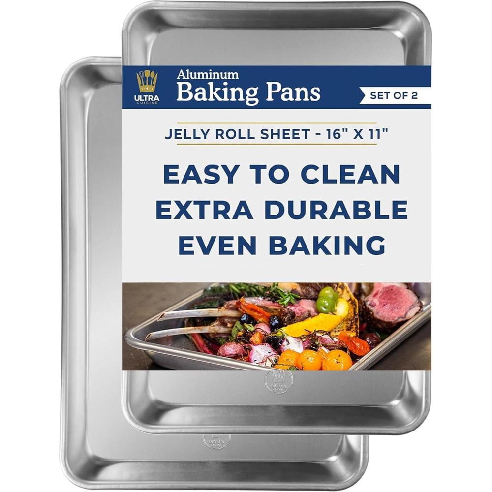 imageUltra Cuisine Jelly Roll Baking Sheet Pan Set of 2 Professional Bakeware for Roasting amp More FoodSafe Warp Resistant Bake Trays for Oven Rimmed Cookie Sheets for Baking Aluminum 16 x11Jelly Roll
